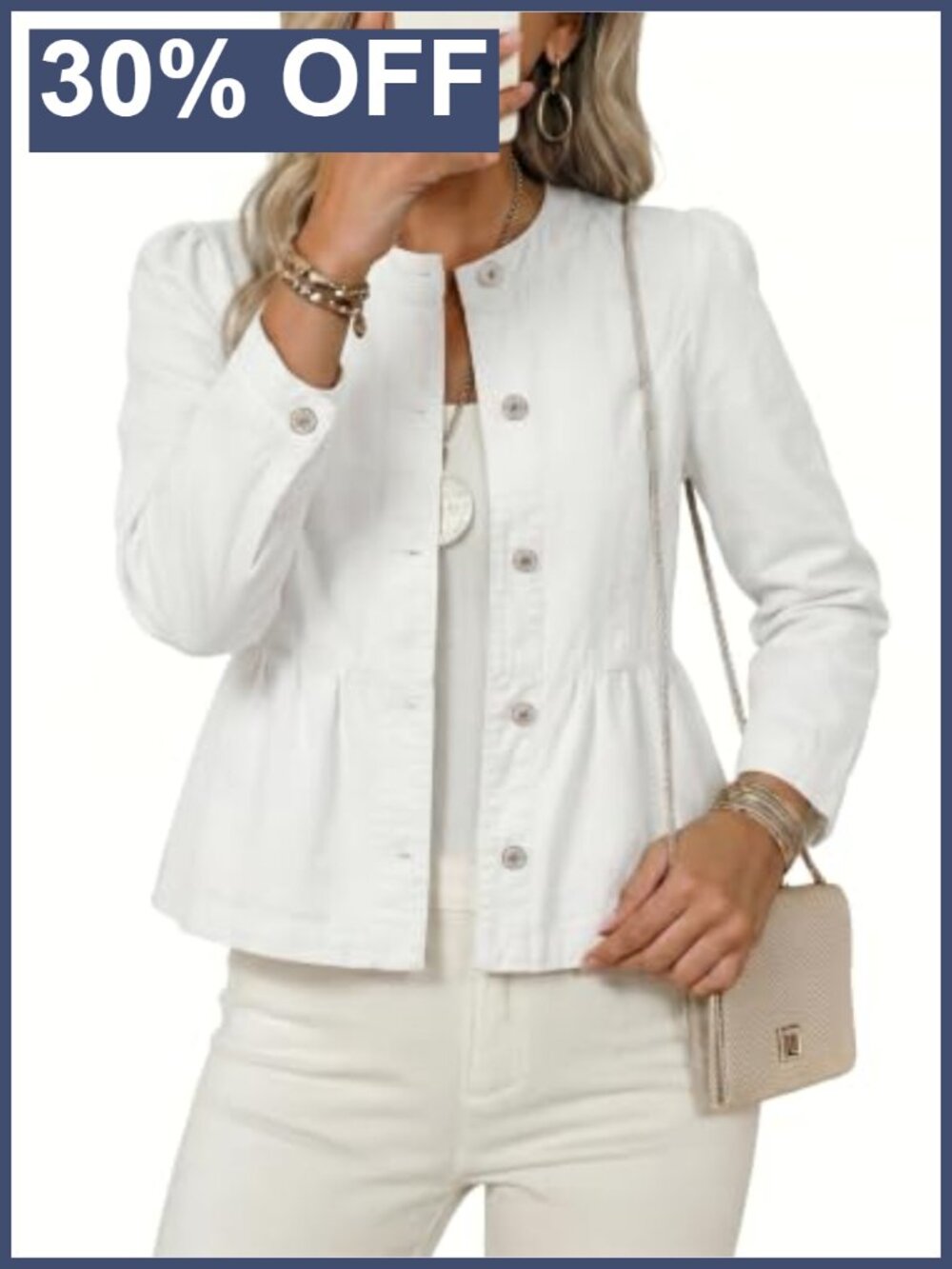 Cropped Button Down Denim Jacket with Ruffle Hem and Puff Sleeves